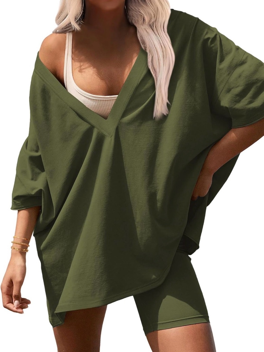 Olive V-Neck Oversized Top and Bike Shorts Set Sz Medium.